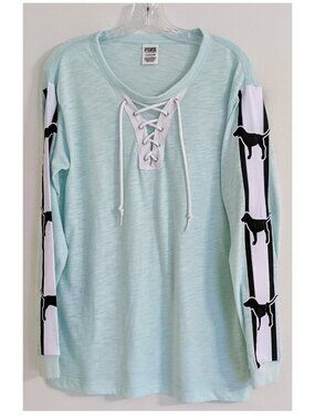 Victoria’s Secret PINK Oversized Long Sleeve Tee Lace-Up Front, Dog Logos Size S